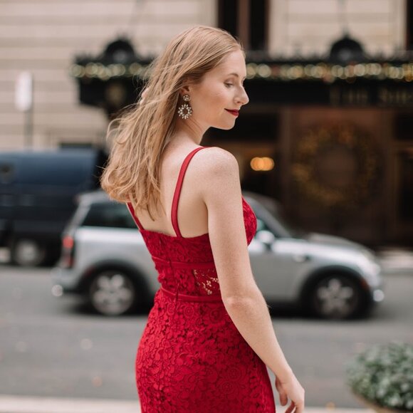 Express Red Piped Lace Midi Sheath Dress - Picture 2 of 16